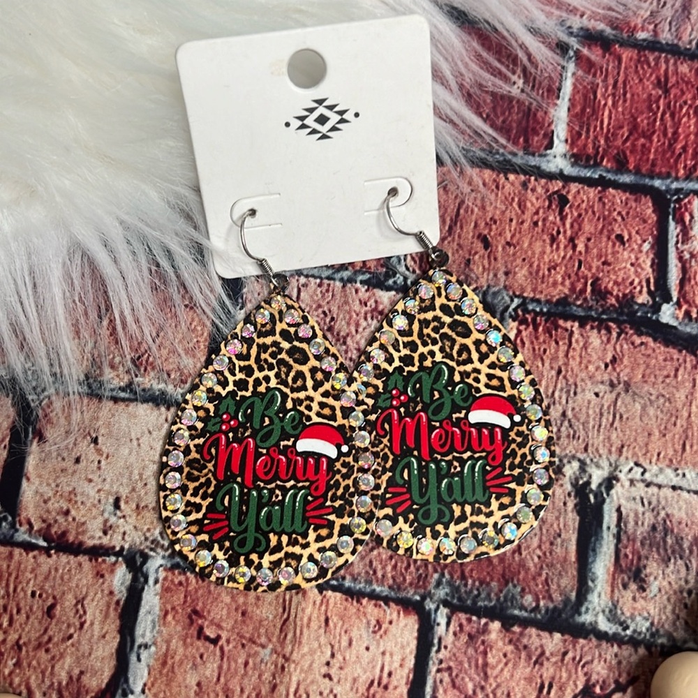 LEOPARD 'BE MERRY YALL' TEARDROP EARRINGS